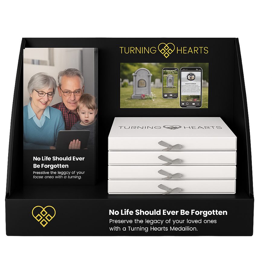 Turning Hearts retail counter display with medallion boxes and brochures